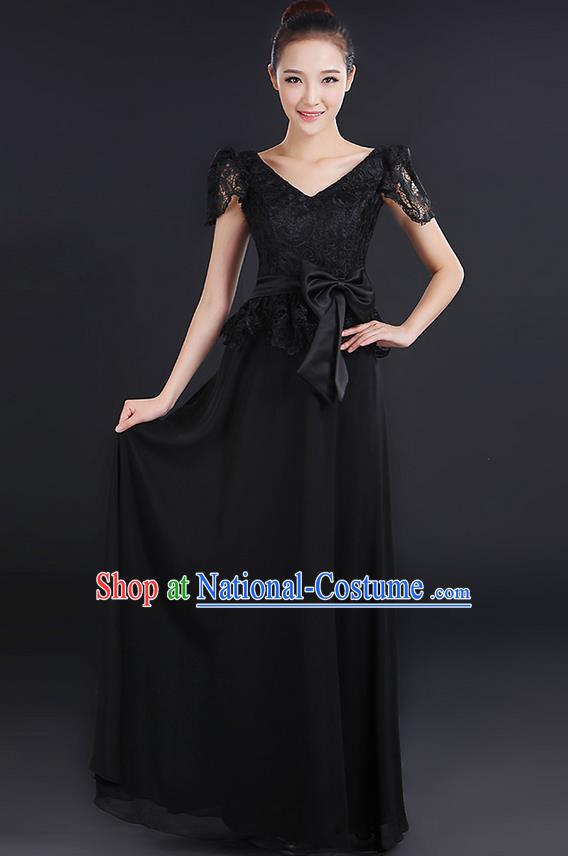 Traditional Modern Dancing Compere Costume, Women Opening Classic Chorus Singing Group Dance Bowknot Uniforms, Modern Dance Lace Long Black Dress for Women