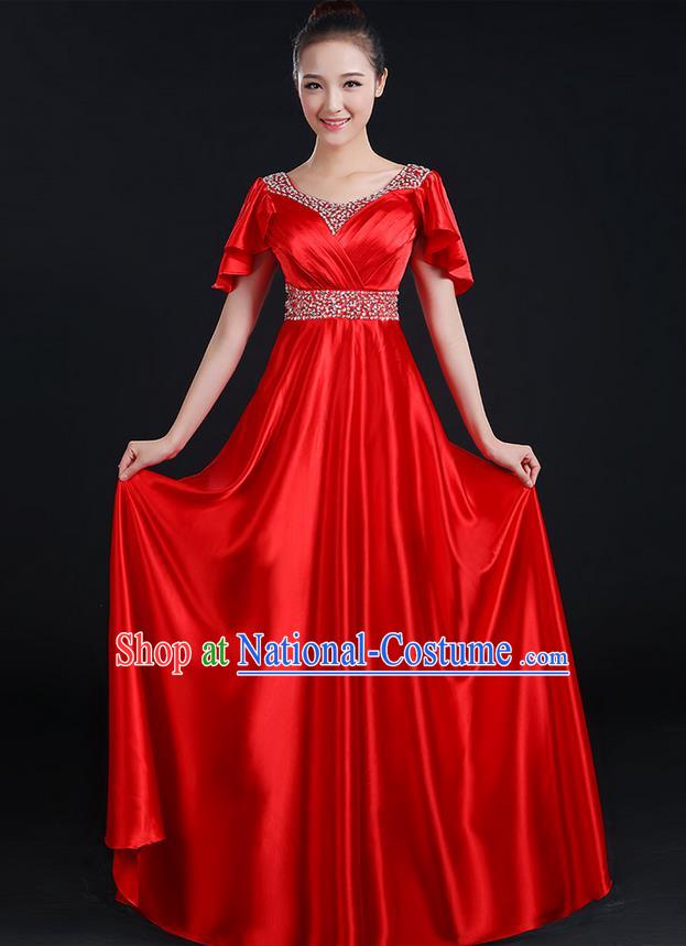 Traditional Chinese Modern Dancing Compere Costume, Women Opening Classic Chorus Singing Group Dance Uniforms, Modern Dance Crystal Long Red Dress for Women