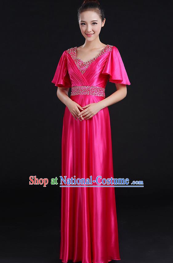 Traditional Chinese Modern Dancing Compere Costume, Women Opening Classic Chorus Singing Group Dance Uniforms, Modern Dance Crystal Long Rose Dress for Women