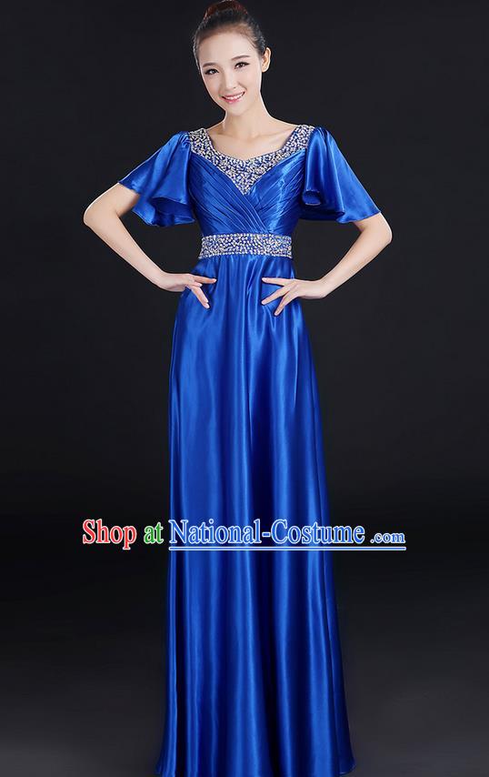 Traditional Chinese Modern Dancing Compere Costume, Women Opening Classic Chorus Singing Group Dance Uniforms, Modern Dance Crystal Long Royalblue Dress for Women