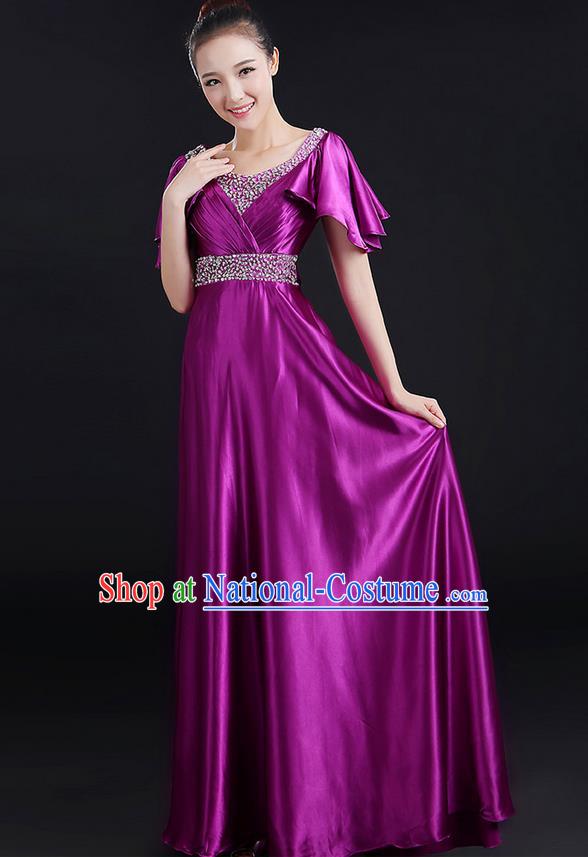 Traditional Chinese Modern Dancing Compere Costume, Women Opening Classic Chorus Singing Group Dance Uniforms, Modern Dance Crystal Long Purple Dress for Women