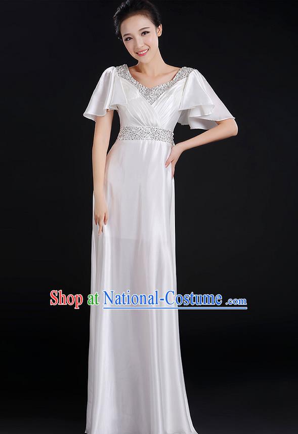 Traditional Chinese Modern Dancing Compere Costume, Women Opening Classic Chorus Singing Group Dance Uniforms, Modern Dance Crystal Long White Dress for Women