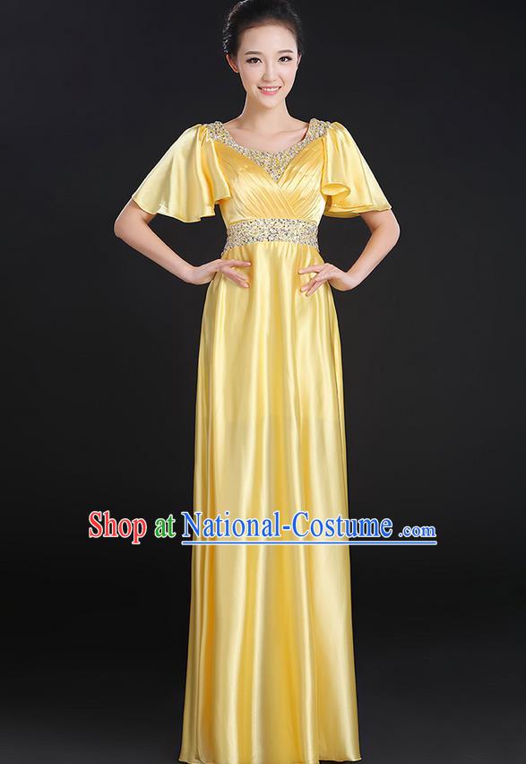 Traditional Chinese Modern Dancing Compere Costume, Women Opening Classic Chorus Singing Group Dance Uniforms, Modern Dance Crystal Long Yellow Dress for Women