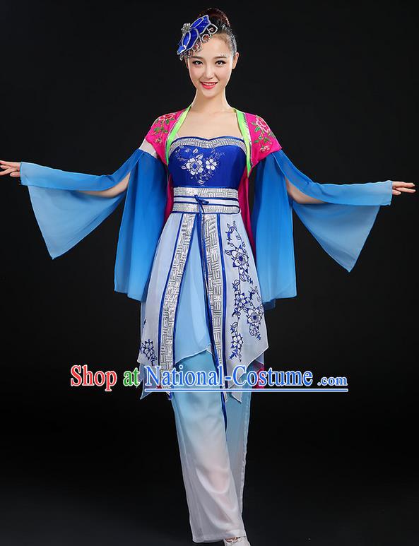 Traditional Chinese Yangge Fan Dancing Costume, Folk Dance Yangko Blue and White Porcelain Uniforms, Classic Dance Dress Drum Dance Blue Clothing for Women