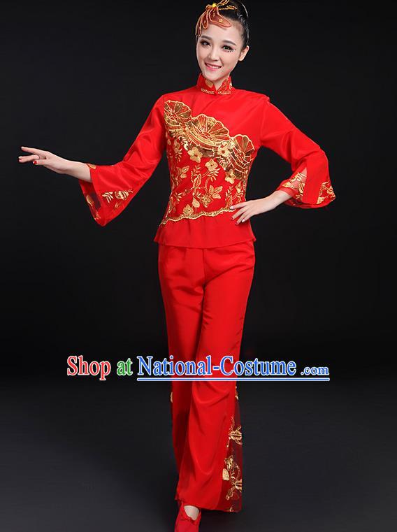 Traditional Chinese Yangge Fan Dancing Costume, Folk Dance Yangko Stand Collar Uniforms, Classic Dance Dress Drum Dance Paillette Peony Clothing for Women