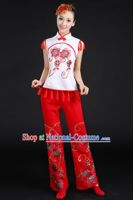 Traditional Chinese Yangge Fan Dancing Costume, Folk Dance Yangko Stand Collar Uniforms, Classic Dance Dress Drum Dance Paillette Clothing for Women