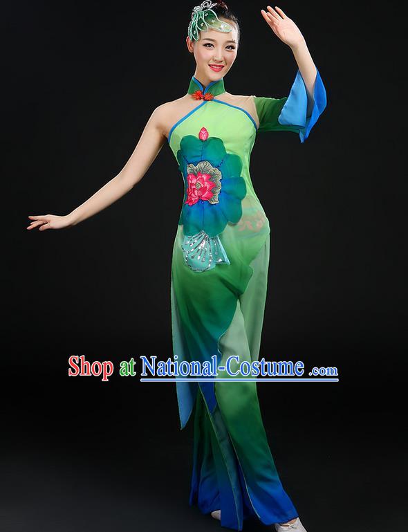 Traditional Chinese Yangge Fan Dancing Costume, Folk Dance Yangko Stand Collar Uniforms, Classic Dance Dress Drum Umbrella Dance Painting Lotus Clothing for Women