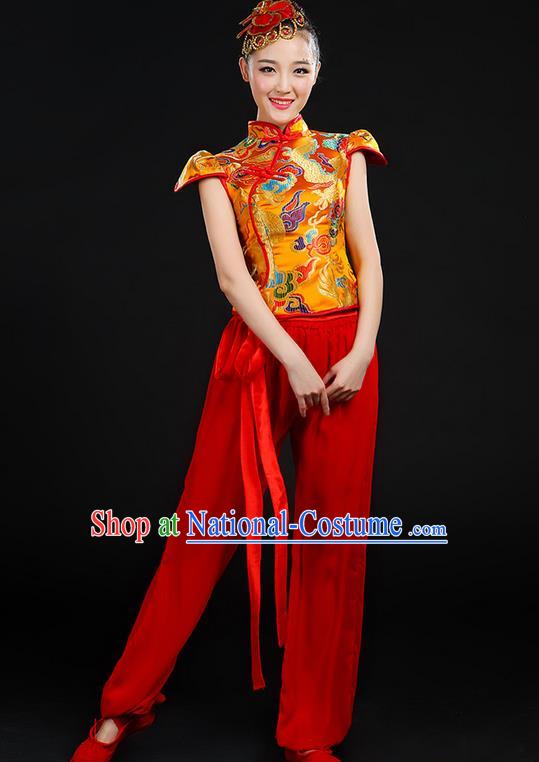 Traditional Chinese Yangge Fan Dancing Costume, Folk Dance Yangko Mandarin Collar Uniforms, Classic Dance Elegant Dress Drum Dance Painting Dragon Golden Clothing for Women