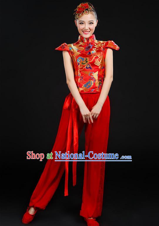 Traditional Chinese Yangge Fan Dancing Costume, Folk Dance Yangko Mandarin Collar Uniforms, Classic Dance Elegant Dress Drum Dance Painting Dragon Red Clothing for Women