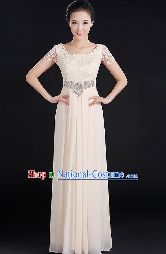 Traditional Modern Dancing Compere Costume, Women Opening Classic Chorus Singing Group Dance Uniforms, Modern Dance Lace Long Champagne Dress for Women