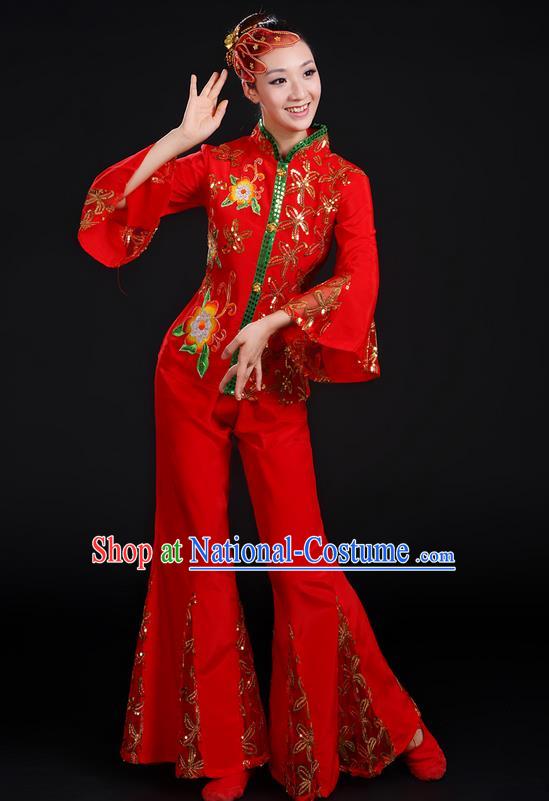 Traditional Chinese Yangge Fan Dancing Costume, Folk Dance Yangko Umbrella Dance Uniforms, Classic Dance Elegant Dress Drum Dance Red Paillette Clothing for Women