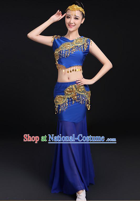 Traditional Chinese Dai Nationality Peacock Dancing Costume, Folk Dance Ethnic Paillette Fishtail Dress Uniform, Chinese Minority Nationality Dancing Royalblue Clothing for Women