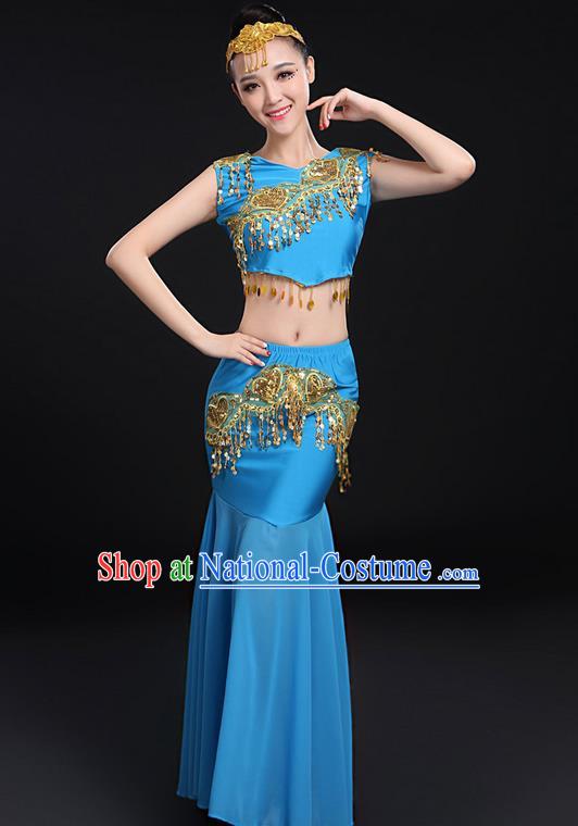 Traditional Chinese Dai Nationality Peacock Dancing Costume, Folk Dance Ethnic Paillette Fishtail Dress Uniform, Chinese Minority Nationality Dancing Blue Clothing for Women