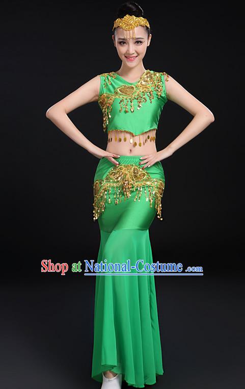 Traditional Chinese Dai Nationality Peacock Dancing Costume, Folk Dance Ethnic Paillette Fishtail Dress Uniform, Chinese Minority Nationality Dancing Green Clothing for Women