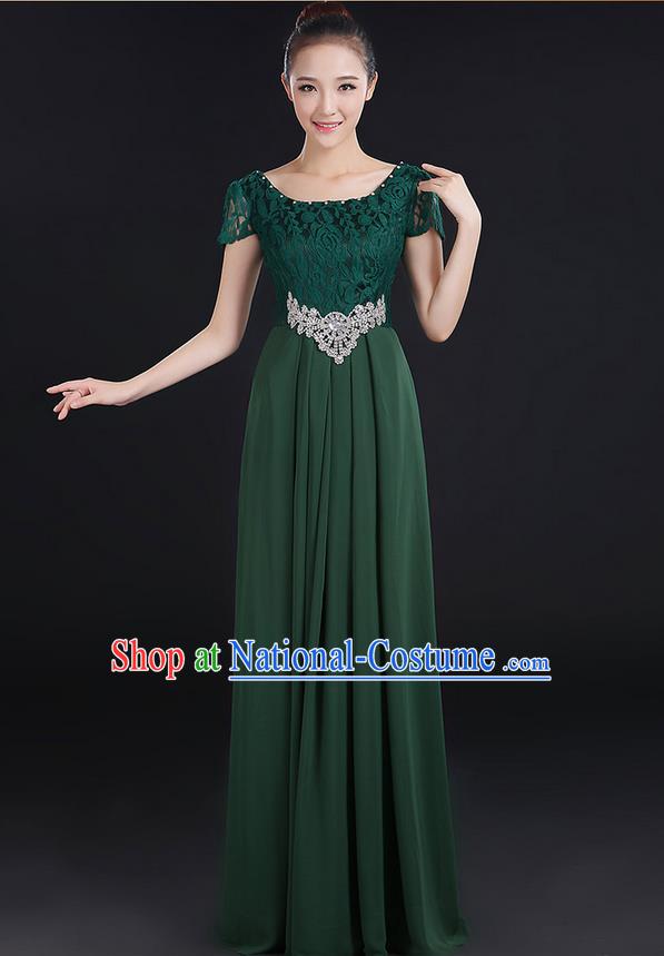 Traditional Modern Dancing Compere Costume, Women Opening Classic Chorus Singing Group Dance Uniforms, Modern Dance Lace Long Atrovirens Dress for Women