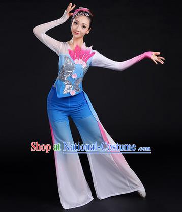 Traditional Chinese Yangge Fan Dancing Costume, Folk Dance Yangko Uniforms, Classic Dance Elegant Dress Drum Dance Paillette Lotus Blue Clothing for Women