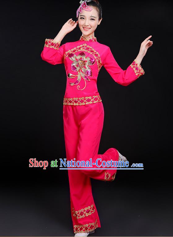 Traditional Chinese Yangge Fan Dancing Costume, Folk Dance Yangko Uniforms, Classic Dance Elegant Dress Drum Dance Paillette Peony Rose Clothing for Women