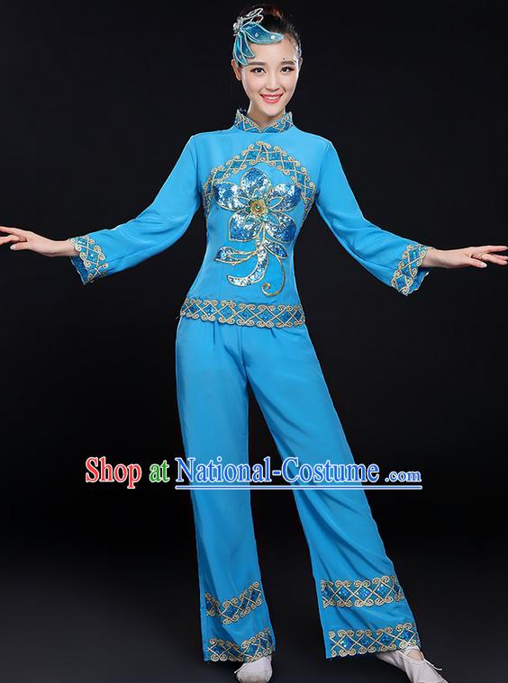 Traditional Chinese Yangge Fan Dancing Costume, Folk Dance Yangko Uniforms, Classic Dance Elegant Dress Drum Dance Paillette Peony Blue Clothing for Women