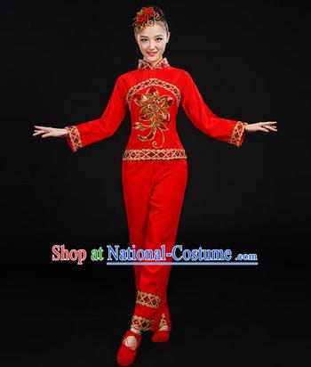 Traditional Chinese Yangge Fan Dancing Costume, Folk Dance Yangko Uniforms, Classic Dance Elegant Dress Drum Dance Paillette Peony Red Clothing for Women