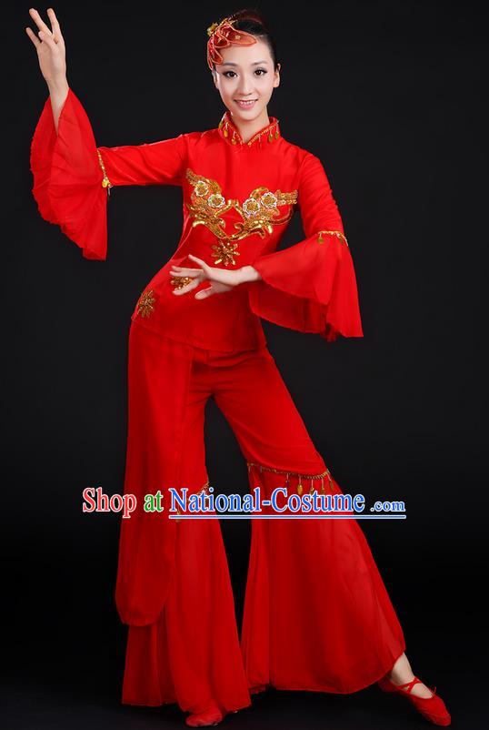 Traditional Chinese Yangge Fan Dancing Costume, Folk Dance Yangko Uniforms, Classic Dance Elegant Dress Drum Dance Paillette Red Clothing for Women