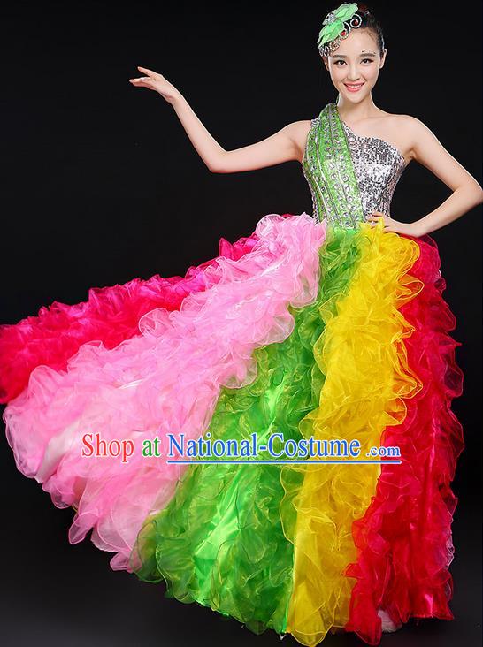 Traditional Chinese Modern Dancing Compere Costume, Women Opening Classic Chorus Singing Group Dance Big Swing Uniforms, Modern Dance Long Bubble Paillette Dress for Women