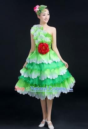 Traditional Chinese Modern Dancing Compere Costume, Women Opening Classic Chorus Singing Group Dance Big Swing Uniforms, Modern Dance Peony Bubble Dress for Women