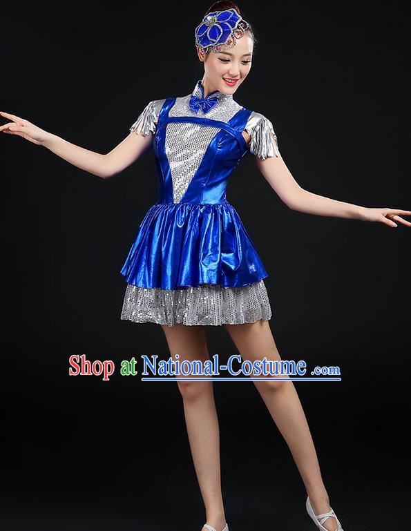 Traditional Chinese Modern Dancing Compere Costume, Women Opening Classic Chorus Singing Group Dance Big Swing Uniforms, Modern Dance Short Tassel Bubble Paillette Dress for Women