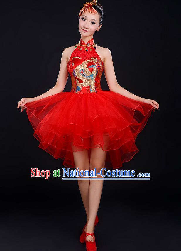 Traditional Chinese Modern Dancing Compere Costume, Women Opening Classic Chorus Singing Group Dance Dragon Uniforms, Modern Dance Classic Dance Cheongsam Red Dress for Women