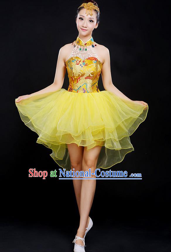 Traditional Chinese Modern Dancing Compere Costume, Women Opening Classic Chorus Singing Group Dance Dragon Uniforms, Modern Dance Classic Dance Yellow Cheongsam Dress for Women