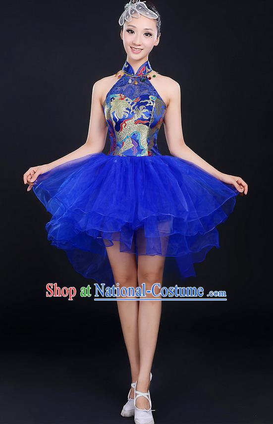 Traditional Chinese Modern Dancing Compere Costume, Women Opening Classic Chorus Singing Group Dance Dragon Uniforms, Modern Dance Classic Dance Blue Cheongsam Dress for Women