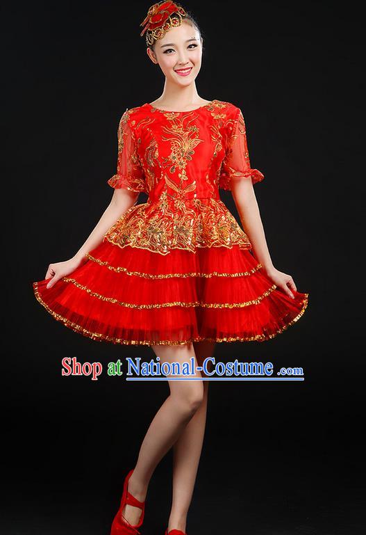 Traditional Chinese Modern Dancing Compere Costume, Women Opening Classic Chorus Singing Group Dance Uniforms, Modern Dance Classic Dance Paillette Bubble Dress for Women