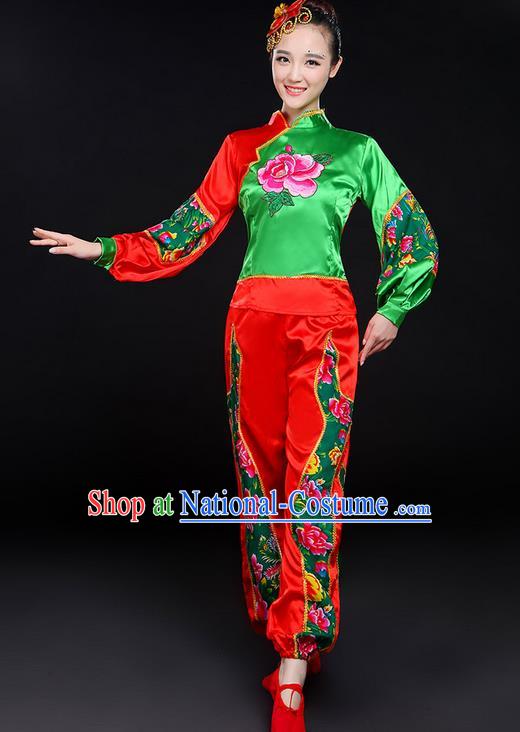 Traditional Chinese Yangge Fan Dancing Costume, Folk Dance Yangko Embroidered Uniforms, Classic Dance Elegant Dress Drum Dance Clothing for Women