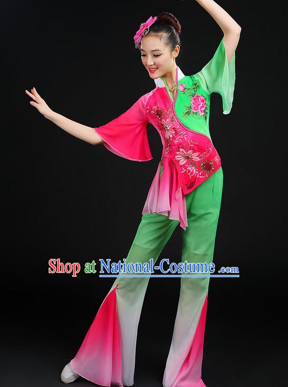 Traditional Chinese Yangge Fan Dancing Costume, Folk Dance Yangko Embroidered Peony Uniforms, Classic Dance Elegant Dress Drum Dance Clothing for Women