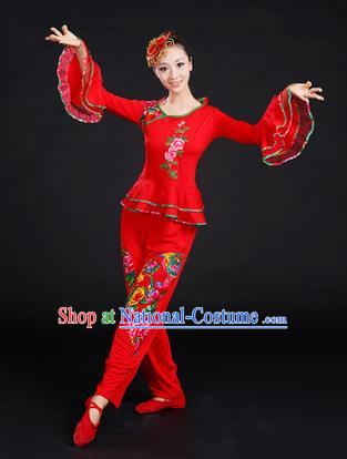 Traditional Chinese Yangge Fan Dancing Costume, Folk Dance Yangko Embroidered Peony Uniforms, Classic Umbrella Dance Elegant Dress Drum Dance Red Clothing for Women