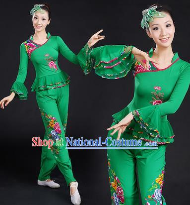 Traditional Chinese Yangge Fan Dancing Costume, Folk Dance Yangko Embroidered Peony Uniforms, Classic Umbrella Dance Elegant Dress Drum Dance Green Clothing for Women