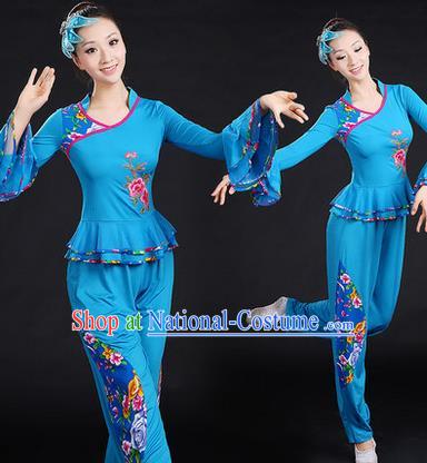 Traditional Chinese Yangge Fan Dancing Costume, Folk Dance Yangko Embroidered Peony Uniforms, Classic Umbrella Dance Elegant Dress Drum Dance Blue Clothing for Women