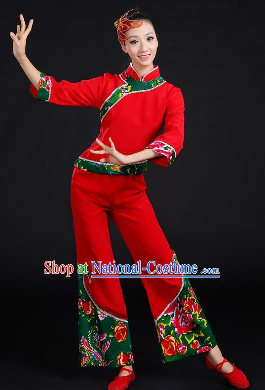 Traditional Chinese Yangge Fan Dancing Costume, Folk Dance Yangko Peony Uniforms, Classic Umbrella Dance Elegant Dress Drum Dance Red Clothing for Women