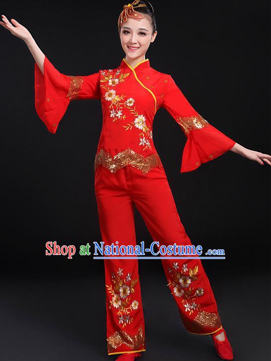 Traditional Chinese Yangge Fan Dancing Costume, Folk Dance Yangko Uniforms, Classic Umbrella Dance Elegant Dress Drum Dance Red Paillette Flowers Clothing for Women