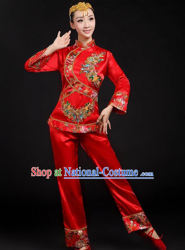 Traditional Chinese Yangge Fan Dancing Costume, Folk Dance Yangko Uniforms, Classic Umbrella Dance Elegant Dress Drum Dance Red Paillette Phoenix Clothing for Women