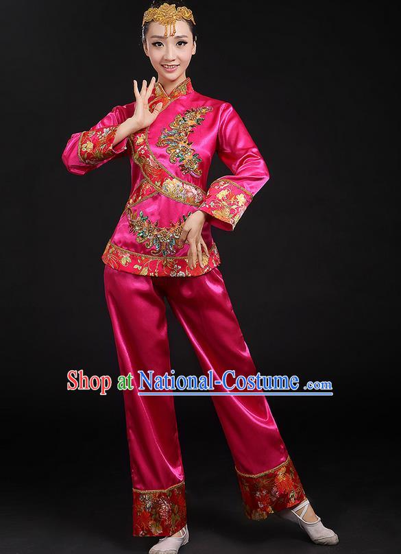 Traditional Chinese Yangge Fan Dancing Costume, Folk Dance Yangko Uniforms, Classic Umbrella Dance Elegant Dress Drum Dance Pink Paillette Phoenix Clothing for Women