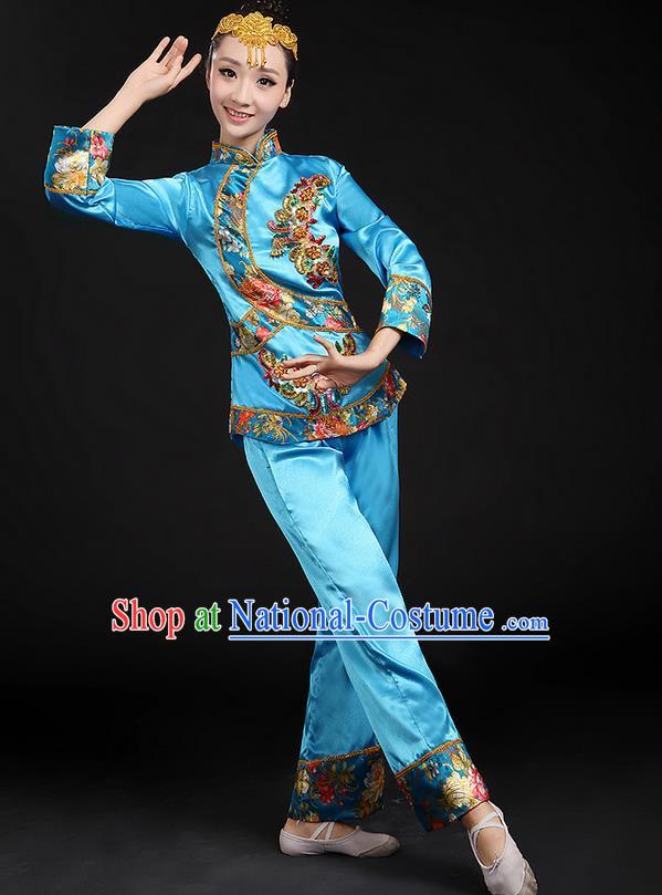 Traditional Chinese Yangge Fan Dancing Costume, Folk Dance Yangko Uniforms, Classic Umbrella Dance Elegant Dress Drum Dance Blue Paillette Phoenix Clothing for Women