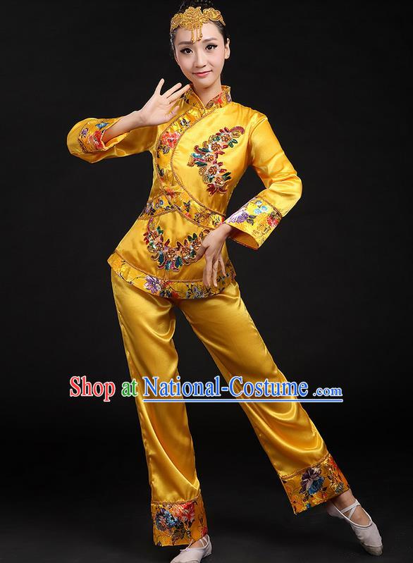 Traditional Chinese Yangge Fan Dancing Costume, Folk Dance Yangko Uniforms, Classic Umbrella Dance Elegant Dress Drum Dance Yellow Paillette Phoenix Clothing for Women