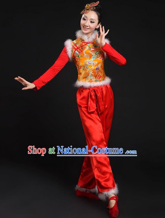 Traditional Chinese Yangge Fan Dancing Costume, Folk Dance Yangko Uniforms, Classic Umbrella Dance Elegant Dress Drum Dance Mandarin Collar Phoenix Clothing for Women