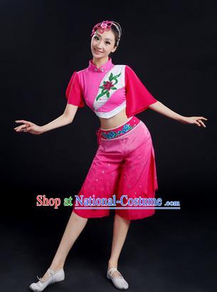 Traditional Chinese Yangge Fan Dancing Costume, Folk Dance Yangko Uniforms, Classic Dance Elegant Dress Drum Dance Pink Clothing for Women