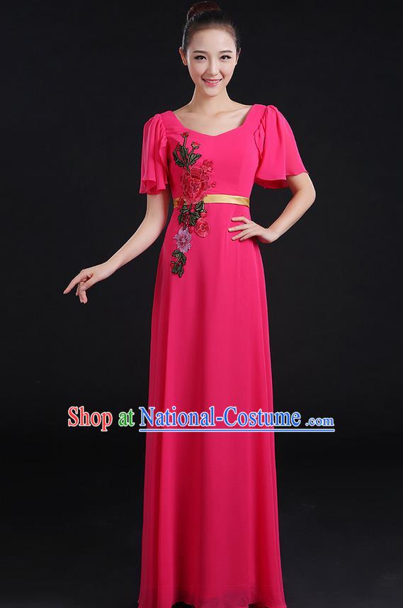 Traditional Chinese Modern Dancing Compere Costume, Women Opening Classic Chorus Singing Group Dance Peony Uniforms, Modern Dance Long Pink Dress for Women