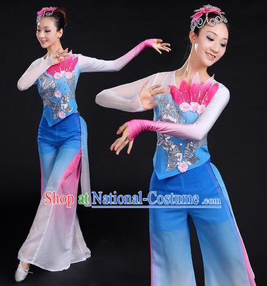 Traditional Chinese Yangge Fan Dancing Costume, Folk Dance Yangko Uniforms, Classic Dance Elegant Paillette Dress Drum Dance Blue Clothing for Women