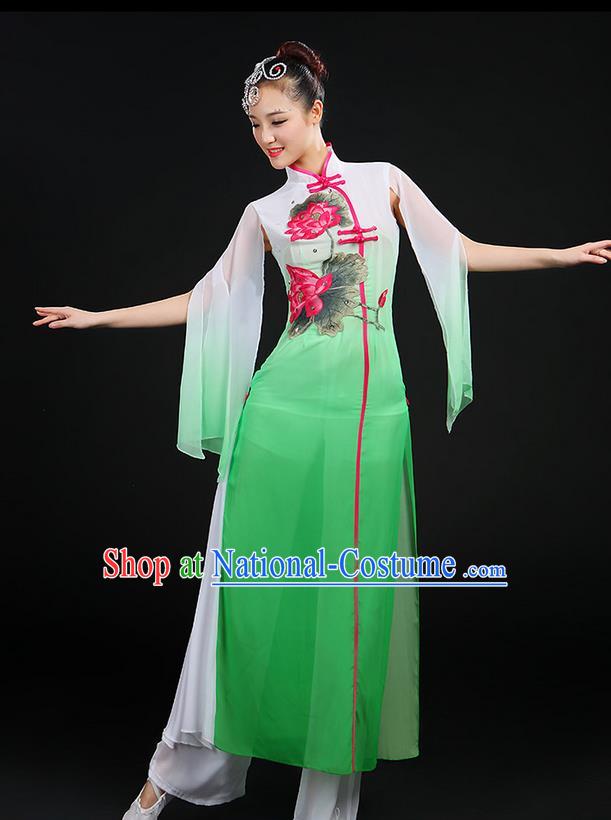 Traditional Chinese Yangge Fan Dancing Costume, Folk Dance Yangko Uniforms, Classic Lotus Dance Elegant Dress Drum Dance Green Clothing for Women