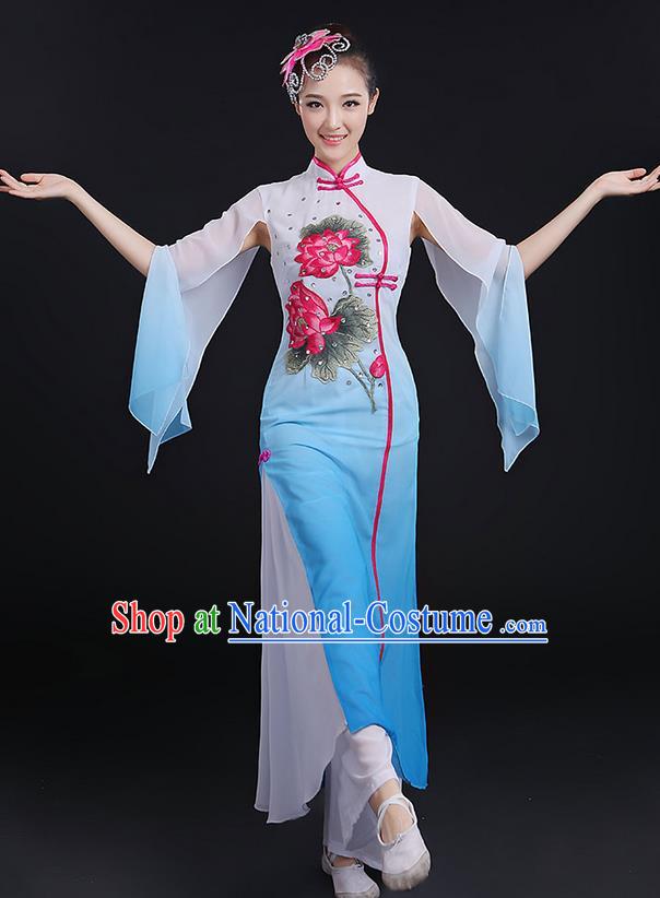 Traditional Chinese Yangge Fan Dancing Costume, Folk Dance Yangko Uniforms, Classic Lotus Dance Elegant Dress Drum Dance Blue Clothing for Women