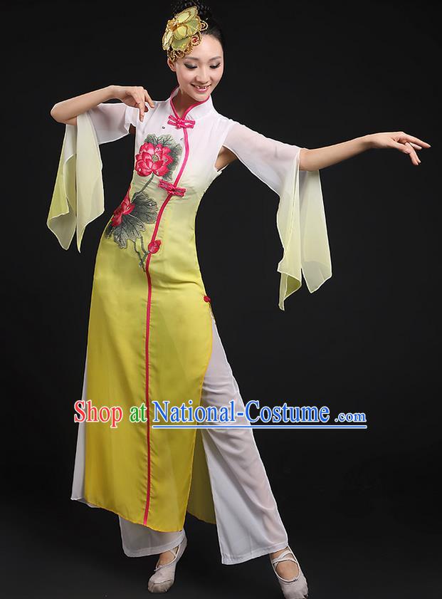 Traditional Chinese Yangge Fan Dancing Costume, Folk Dance Yangko Uniforms, Classic Lotus Dance Elegant Dress Drum Dance Yellow Clothing for Women