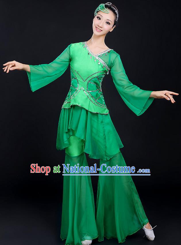 Traditional Chinese Yangge Fan Dancing Costume, Folk Dance Yangko Uniforms, Classic Lotus Dance Elegant Dress Drum Dance Paillette Green Clothing for Women